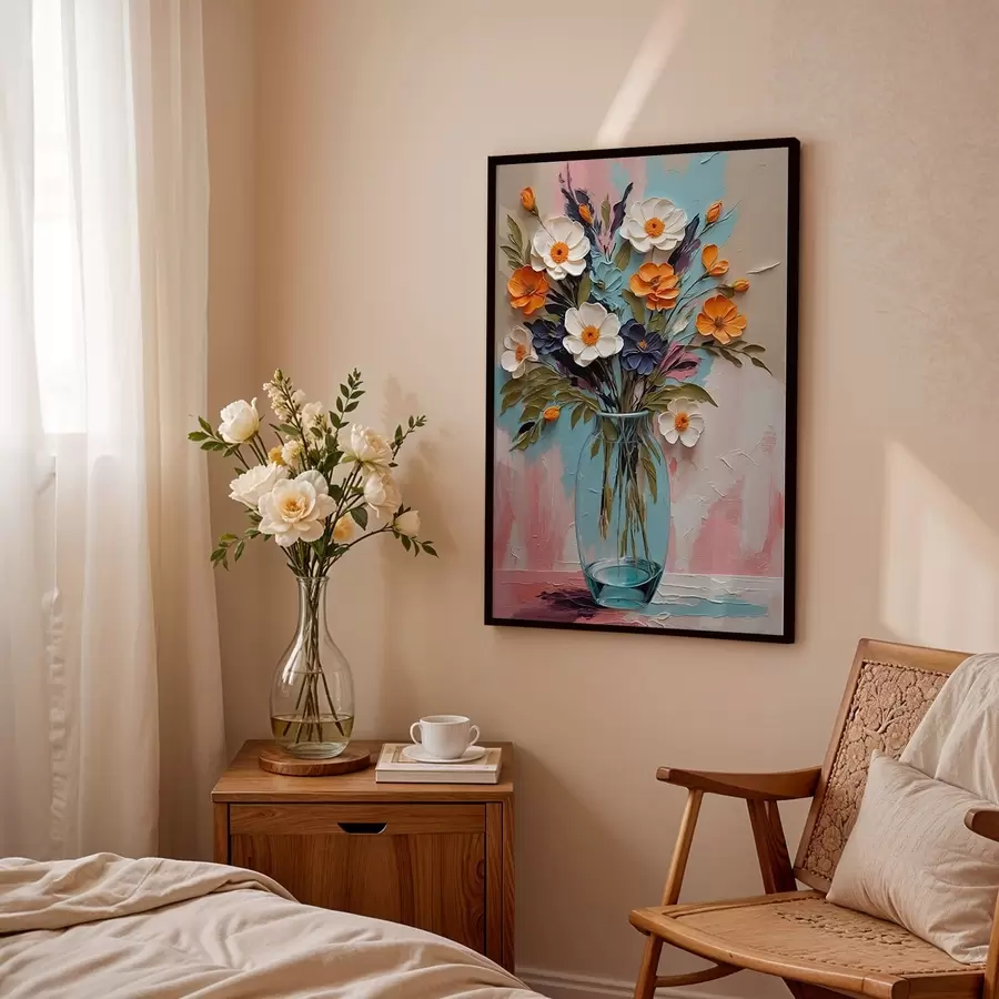 Fototapety Kytica v sklenenej váze na farebnom pozadí f48488