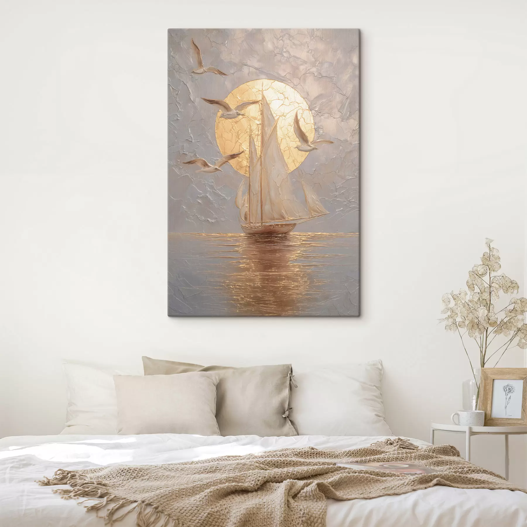 Obraz loď pri západe slnka v impasto štýle s48556
