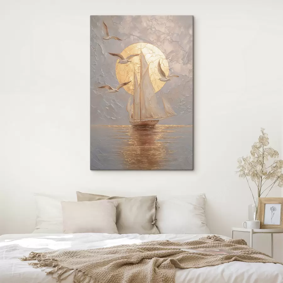 Obraz loď pri západe slnka v impasto štýle s48556