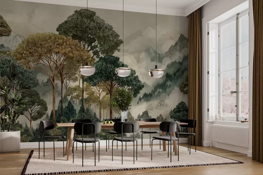 Fototapety Les s vysokými stromami v hmlistých horách w05410