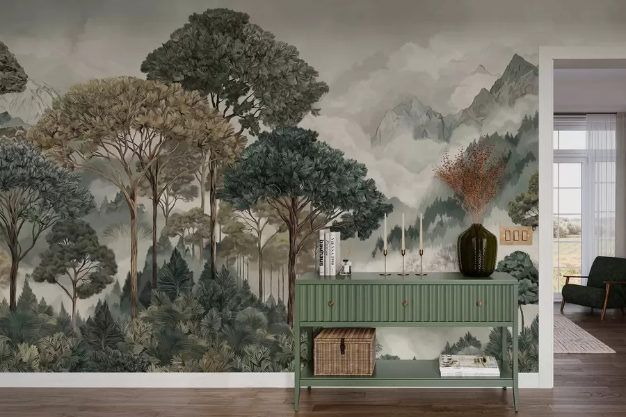 Fototapety Horská krajina s lesom v jemných odtieňoch w05410v1