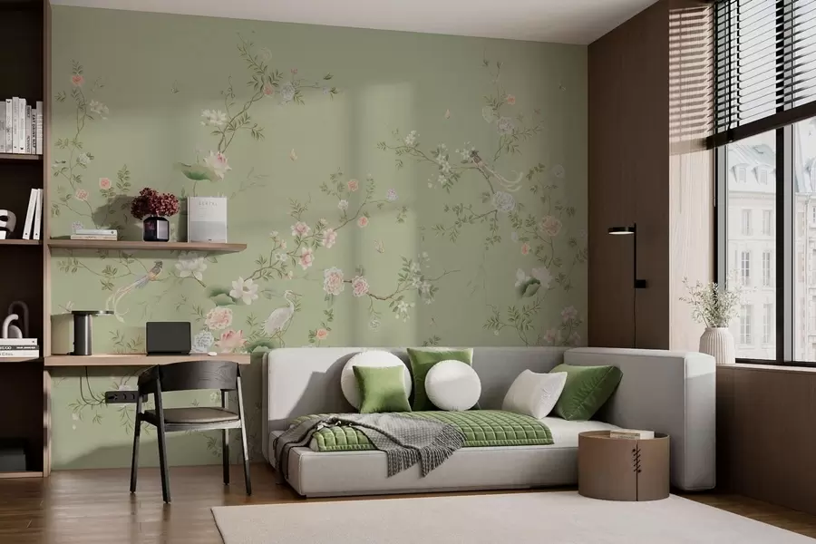 Fototapety Kvitnúce vetvičky s vtákmi na svetlozelenom pozadí w05416