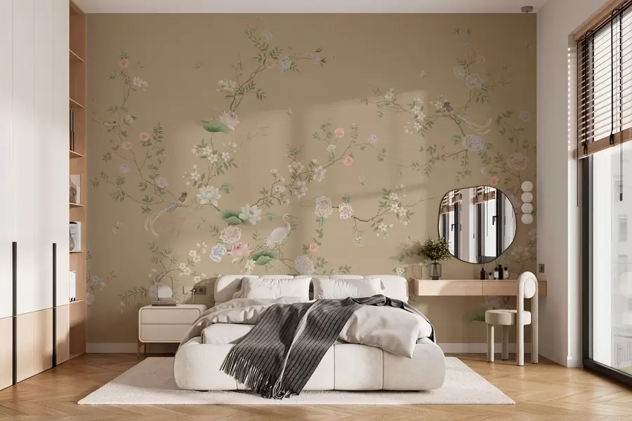 Fototapety Kvitnúce vetvy s vtákmi na teplom béžovom pozadí w05416v2