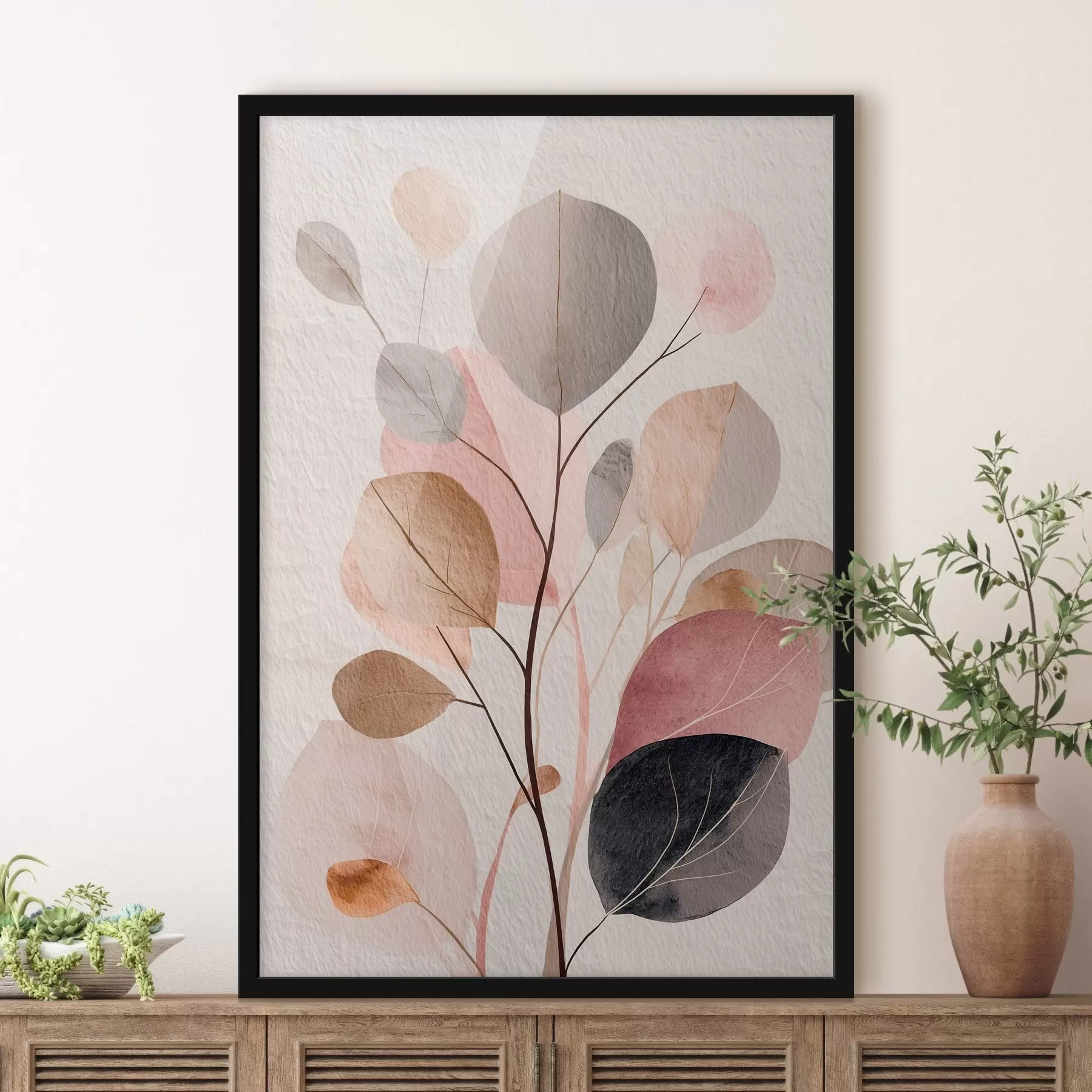 Fototapety Abstraktná vetvička s okrúhlymi lístkami v teplých béžových a koralových odtieňoch f48187