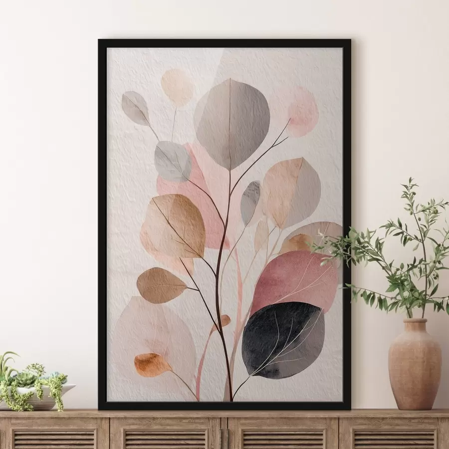 Fototapety Abstraktná vetvička s okrúhlymi lístkami v teplých béžových a koralových odtieňoch f48187