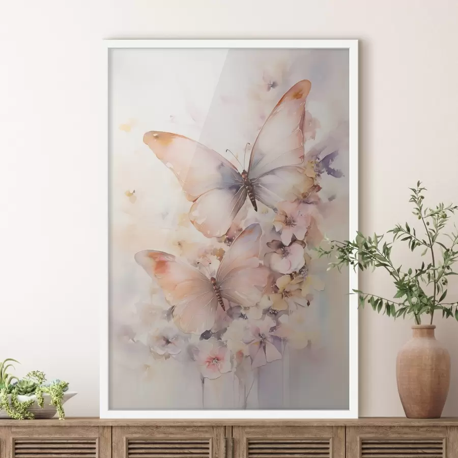 Fototapety Krehké kvety s motýľmi, pastelové farby f48563