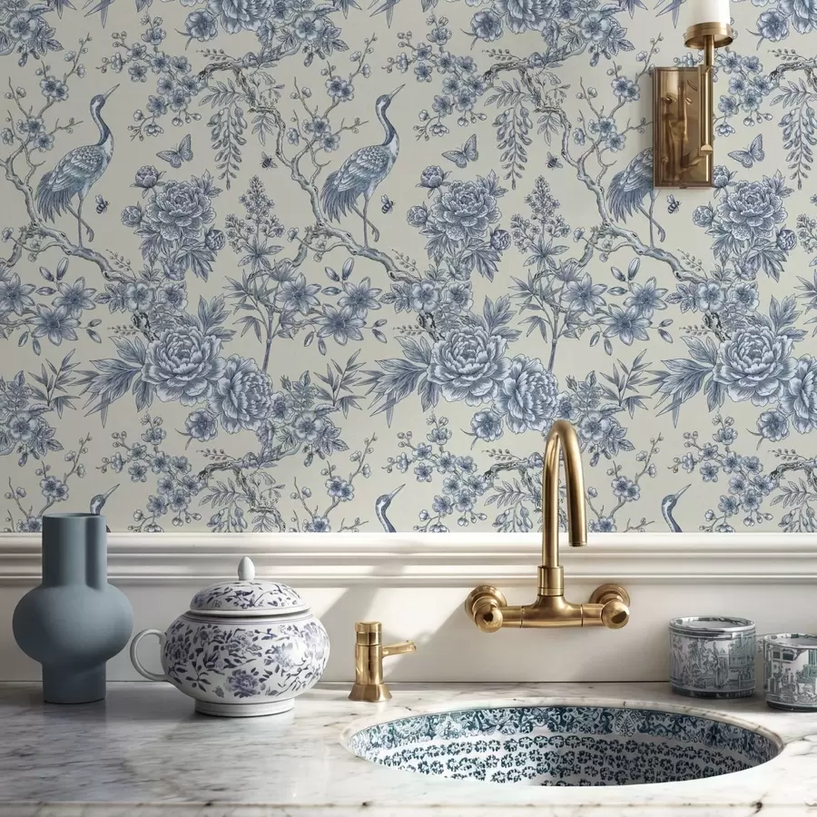 Fototapety Modrý kvetinový ornament s vtákom a vetvičkami a01132