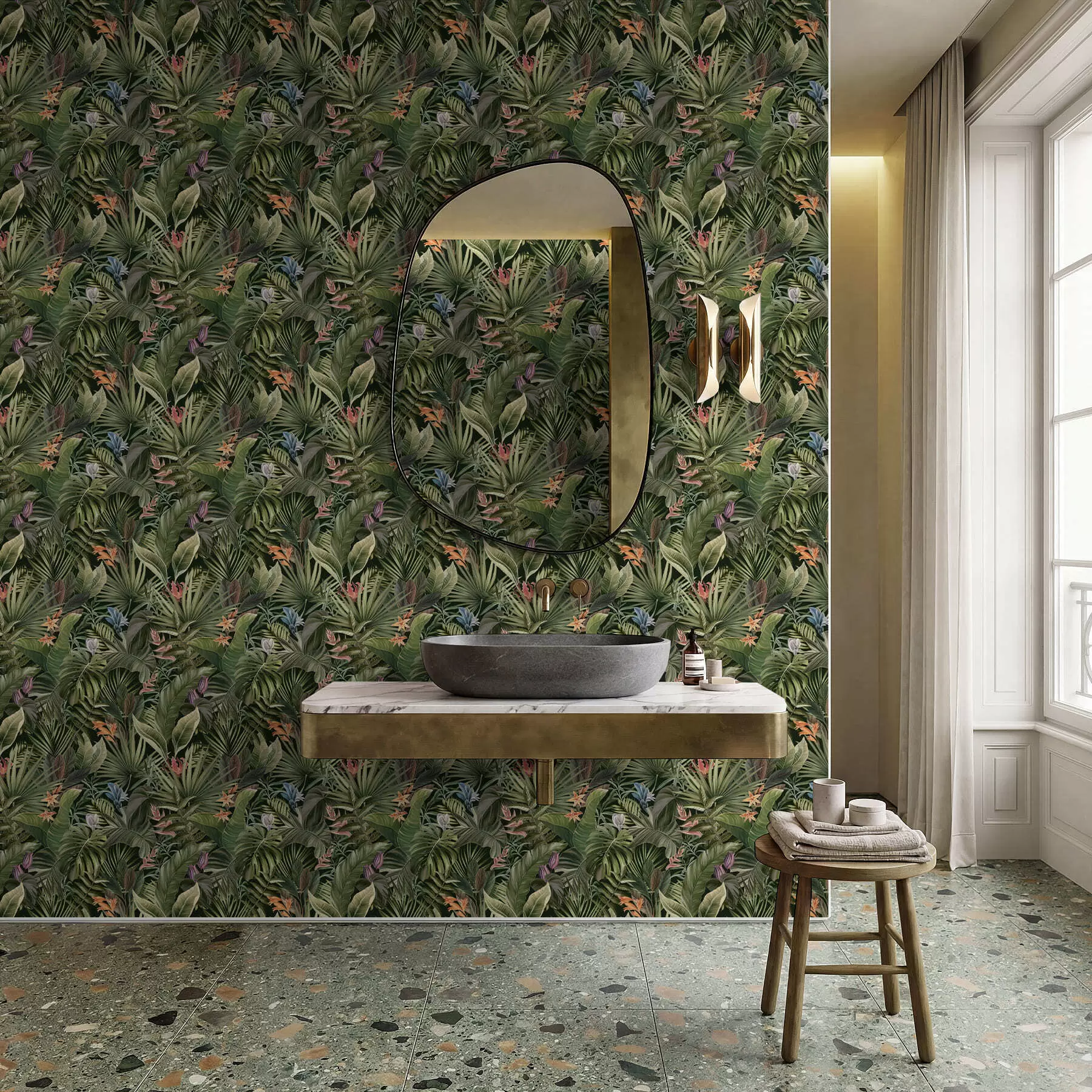 Fototapety Tropické listy s kvetmi na tmavom pozadí a01153