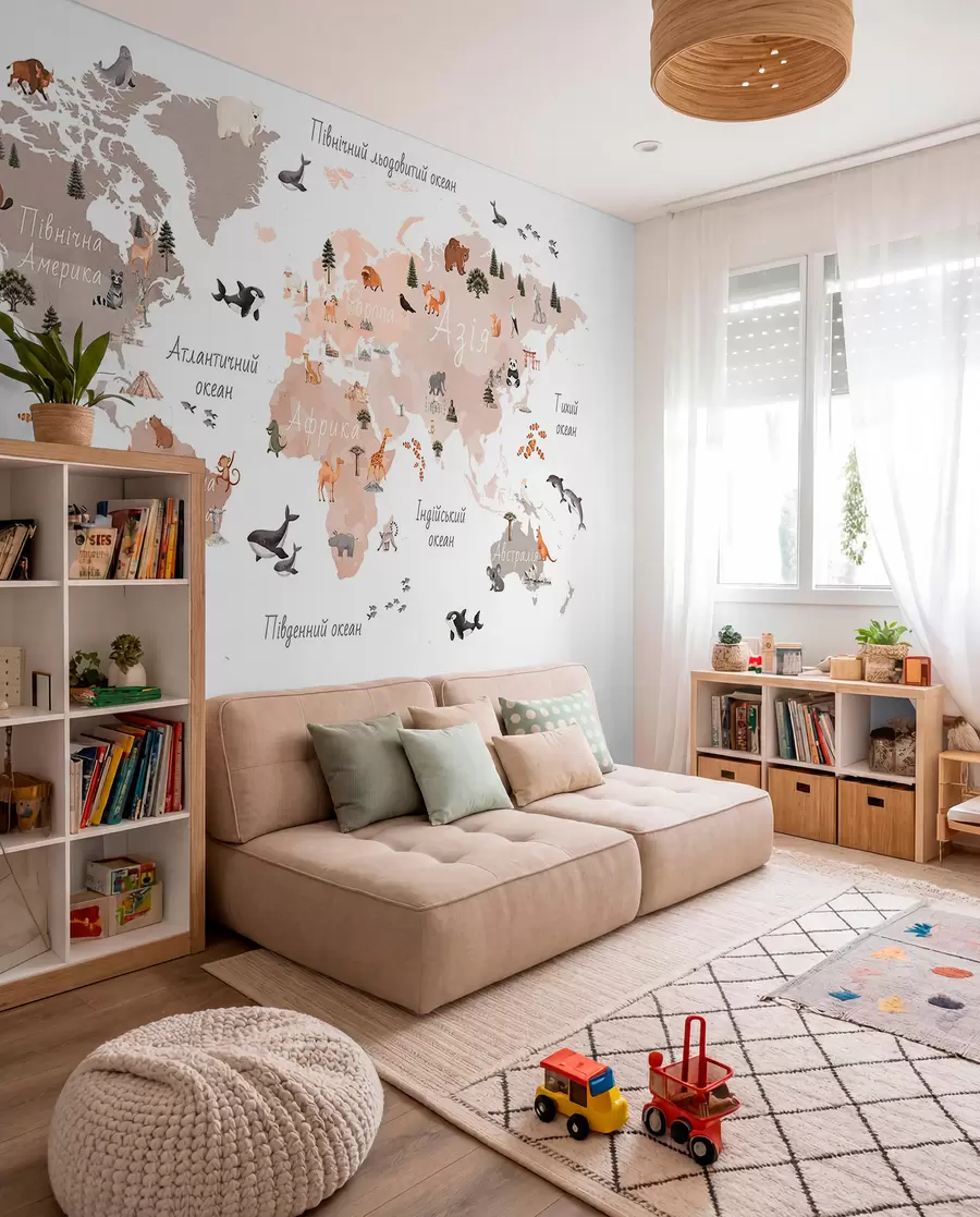 Fototapety Mapa v béžových farbách v štýle akvarelu, na ktorej sú zobrazené zvieratá, rastliny a architektúra. Názvy sú v ukrajinčine c00009ukv3