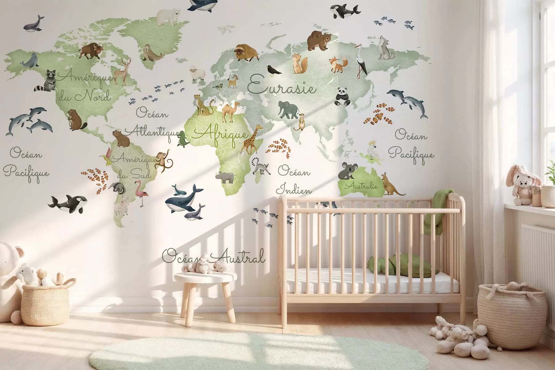 Fototapety Zelená mapa v akvarelovom štýle so zvieratami. Názvy v francúzštine c00012frv2