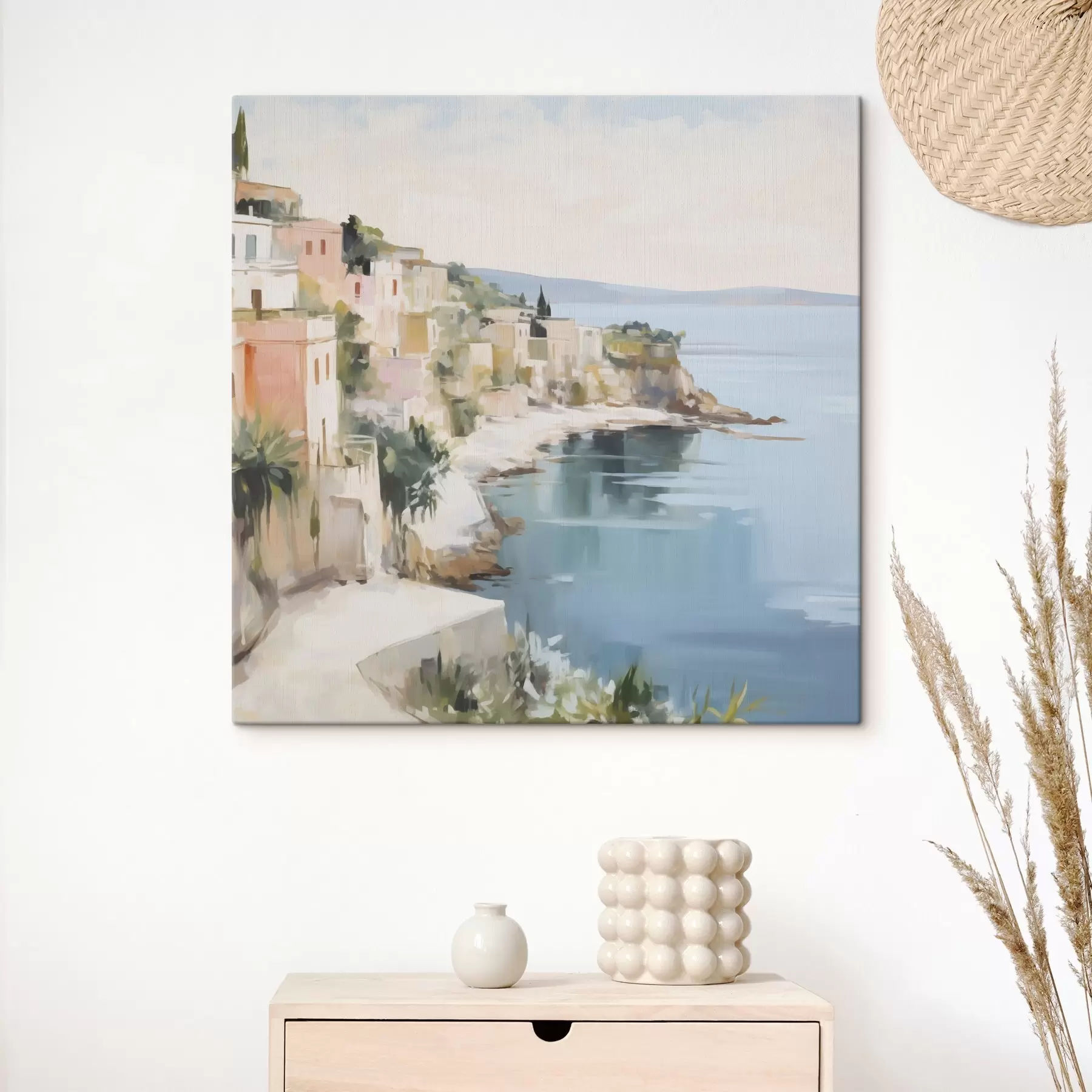 Obraz Krajina pobrežného mestečka – napodobenina maľby s48675