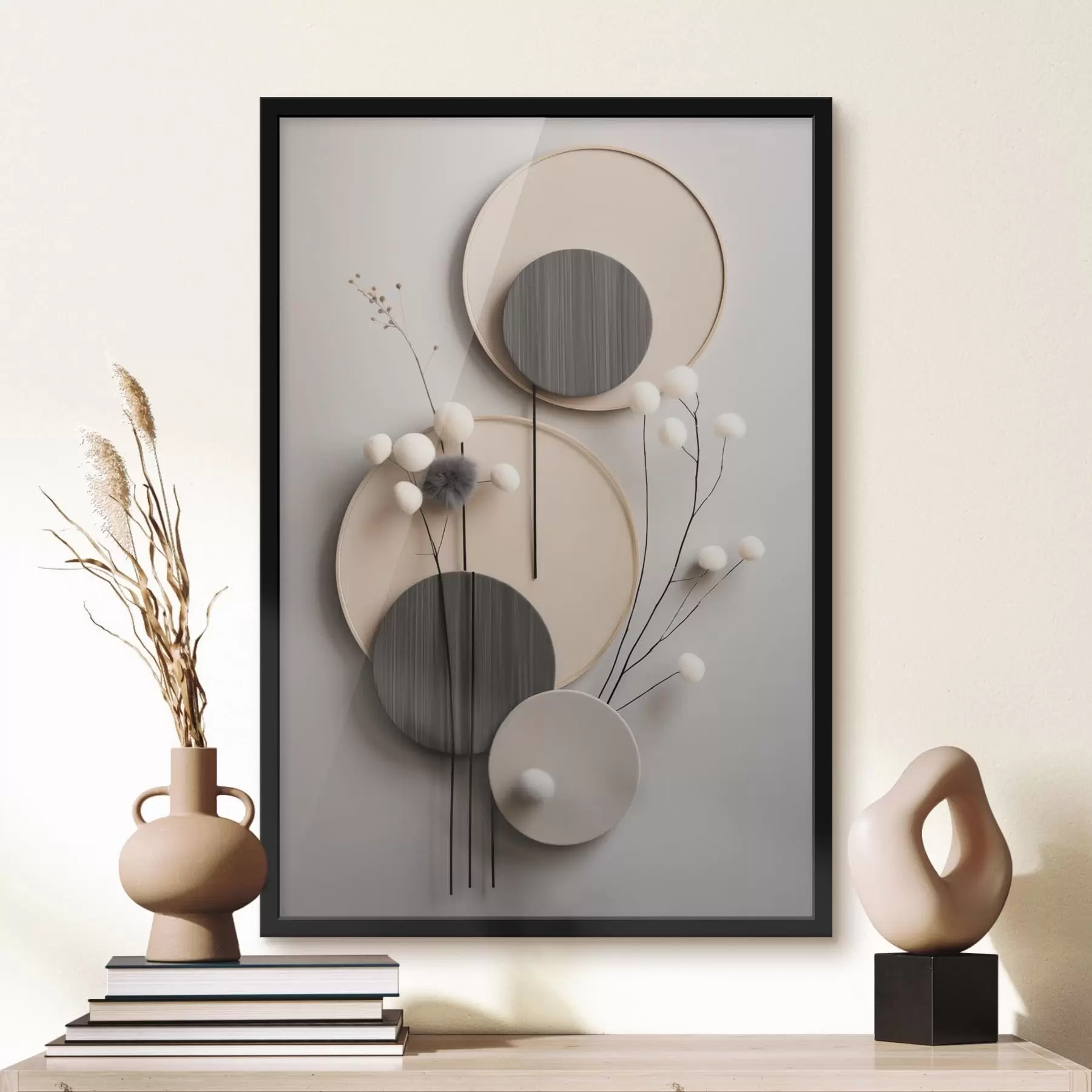 Fototapety Kruhové panely so suchými vetvičkami a mäkkými guličkami f48601