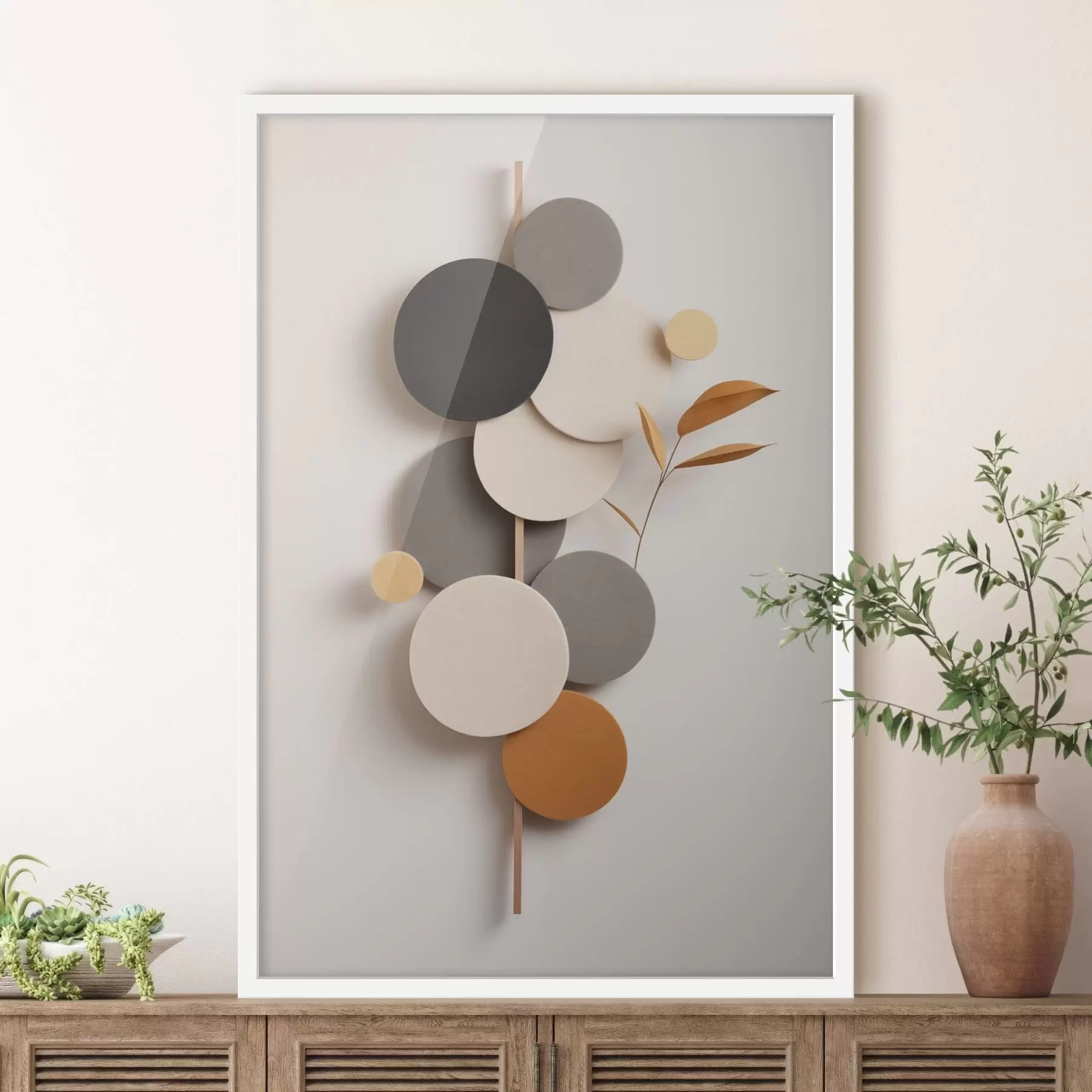 Obraz Abstraktné kruhy s lístkami v neutrálnych odtieňoch f48602