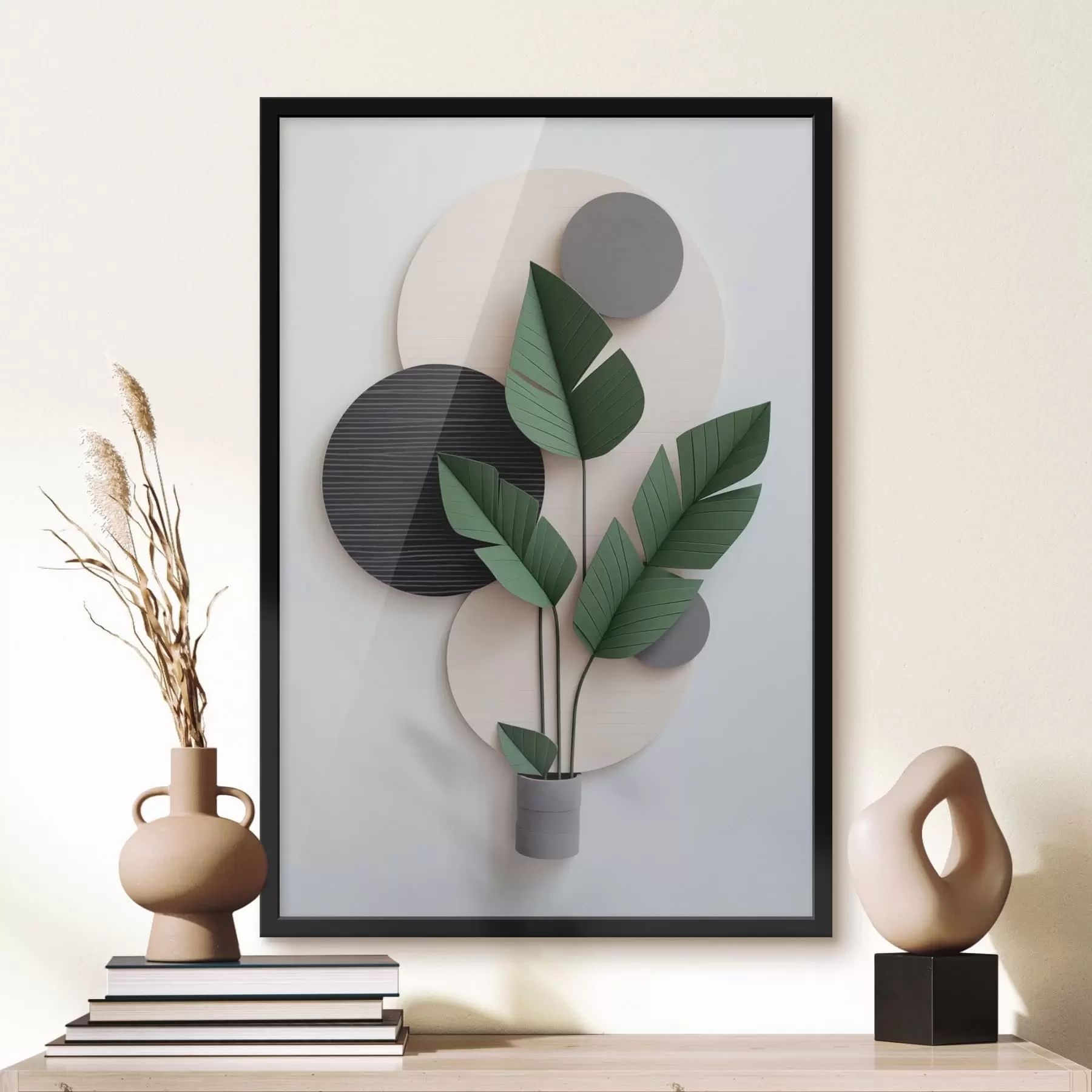 Fototapety Minimalistická kompozícia s geometrickými kruhmi a zelenými listami f48607