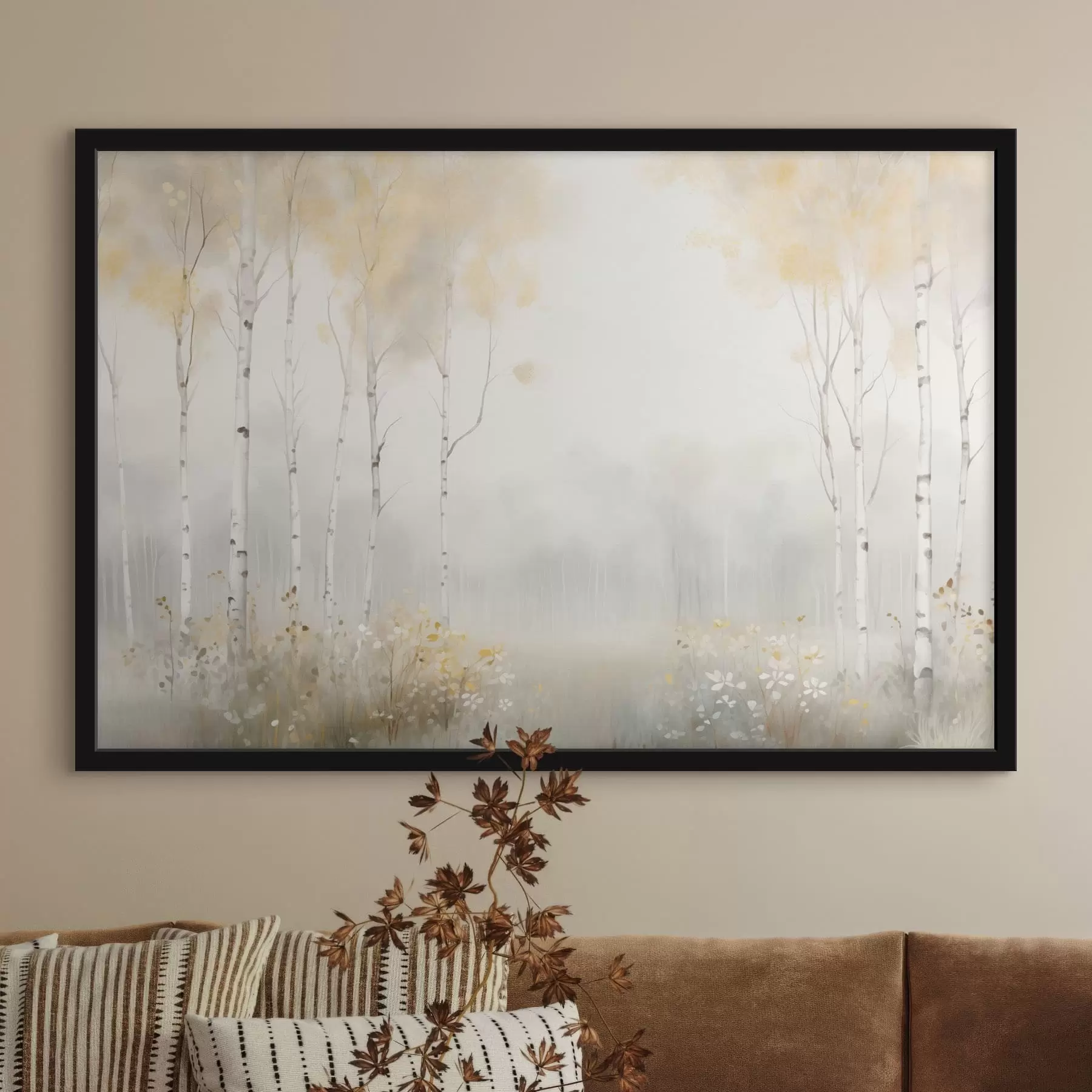 Fototapety Les riedkych stromov v hmle, jemné svetlé tóny f48623