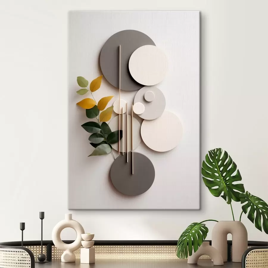 Obraz Geometrické kruhy so zelenou vetvičkou s lístkami s48598