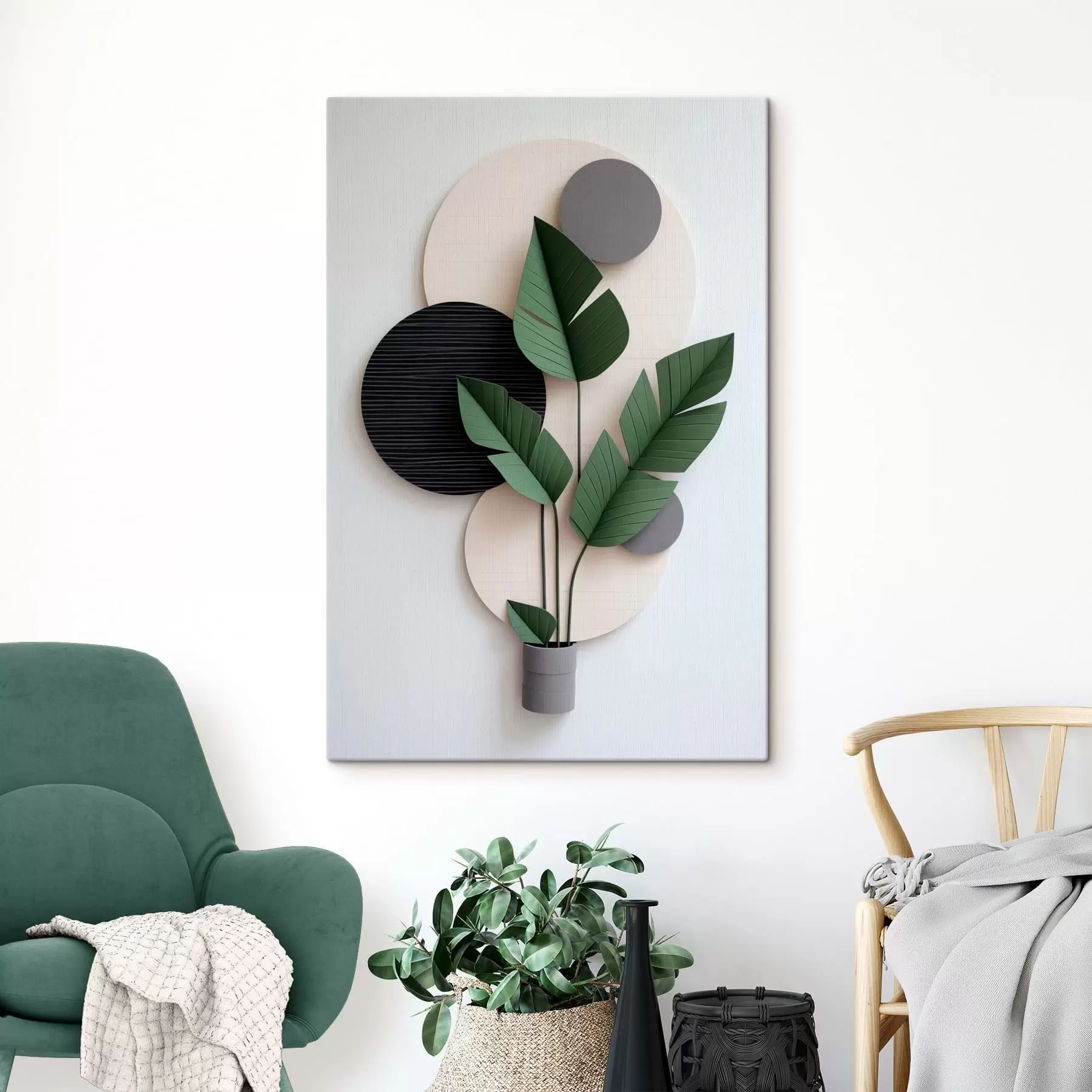 Obraz Minimalistická kompozícia s geometrickými kruhmi a zelenými listami s48607