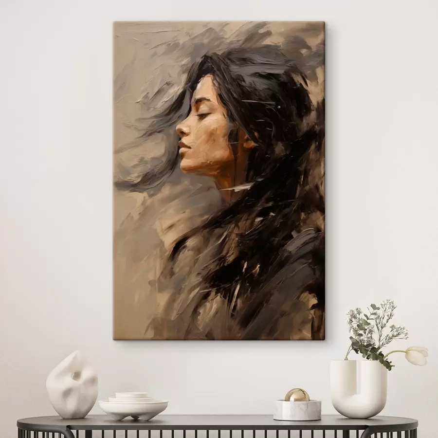 Obraz Ženský profil zachytený maliarskymi ťahmi v teplých odtieňoch s48621
