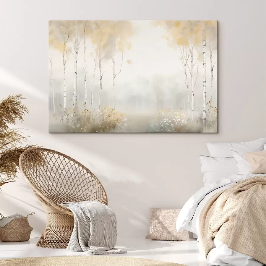 Obraz Les riedkych stromov v hmle, jemné svetlé tóny s48623