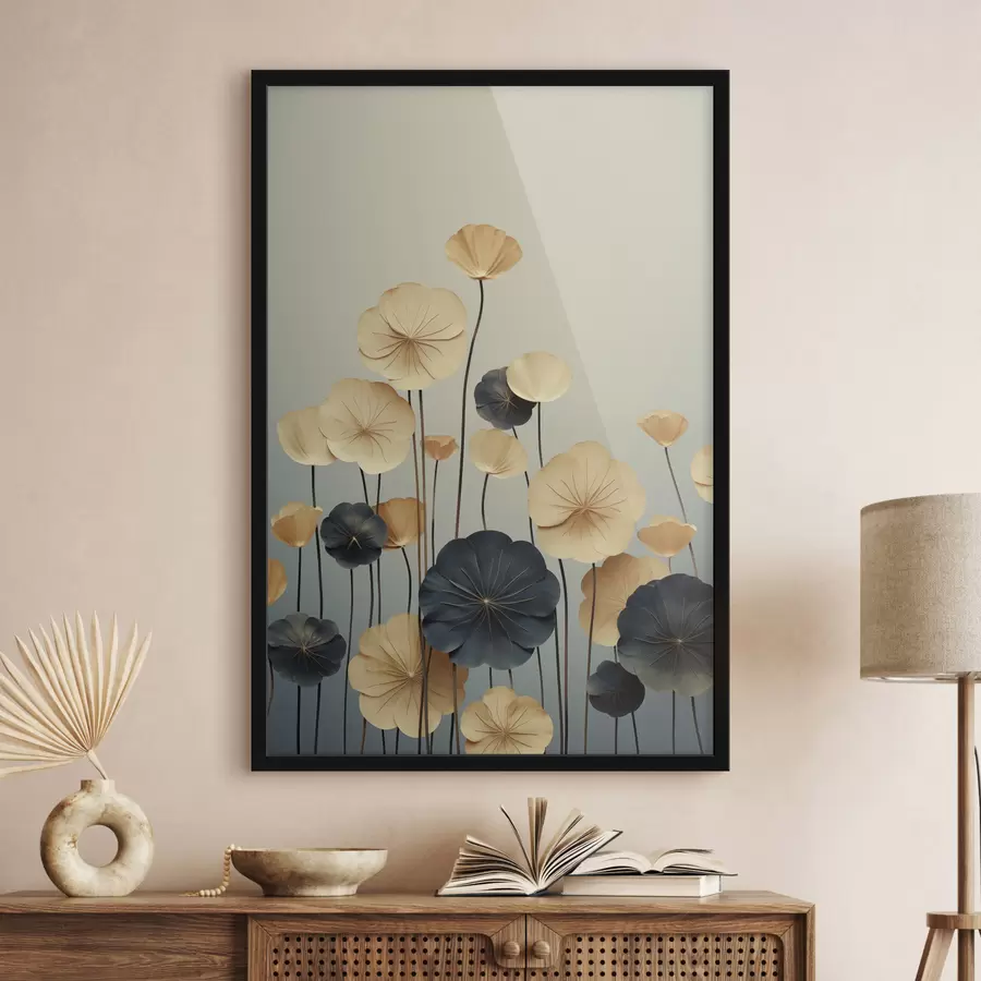 Fototapety Listy lekna na tlmenom pozadí v béžovej a tmavomodrej farbe f48734