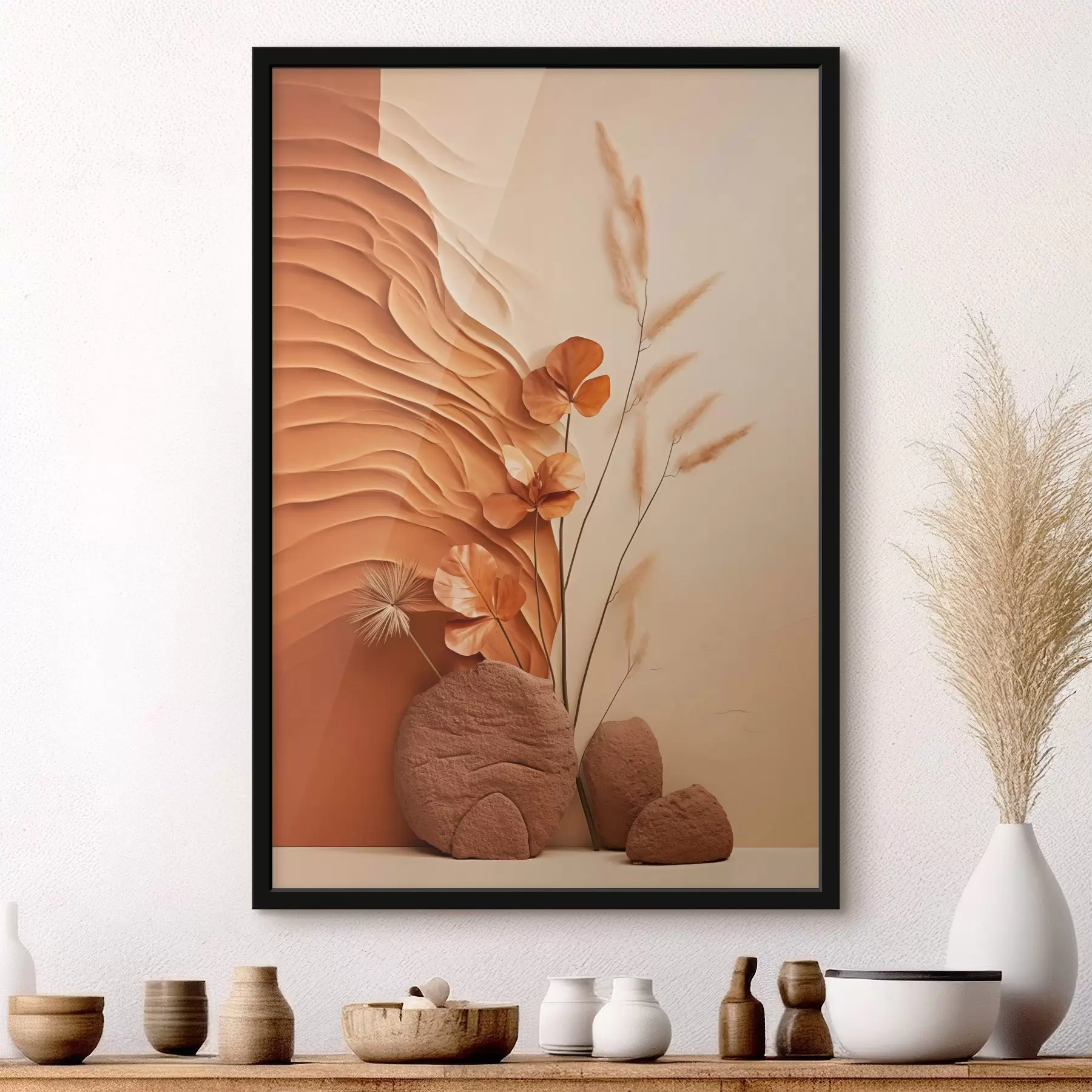 Fototapety Minimalistické umelecké dielo so sušenými kvetmi a pampovou trávou, s textúrovaným pozadím f48739