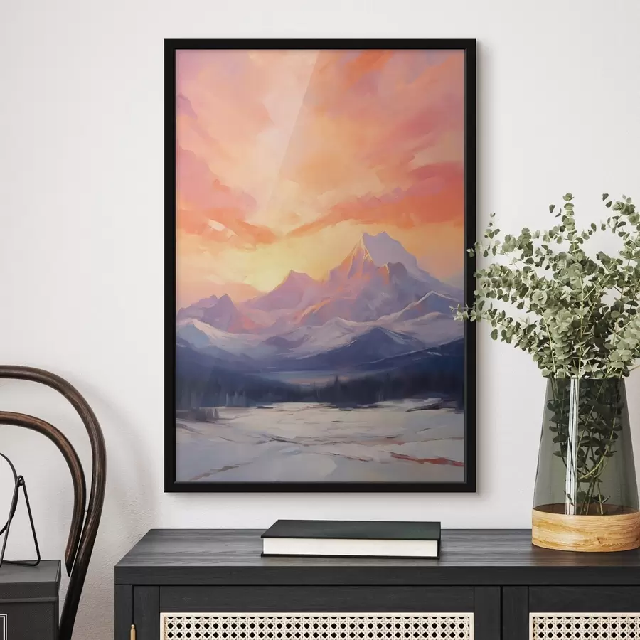 Fototapety Zasnežené vrchy pod žiarivo oranžovou a ružovou oblohou s mrakmi f48741