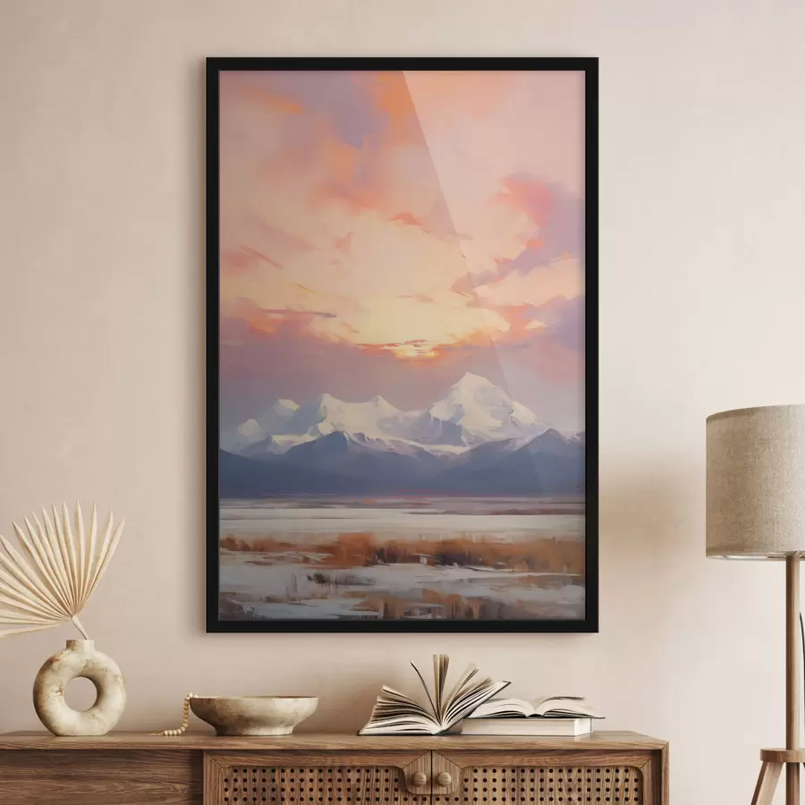 Fototapety Zasnežené vrchy pod žiarivo oranžovou a ružovou oblohou s mrakmi f48742