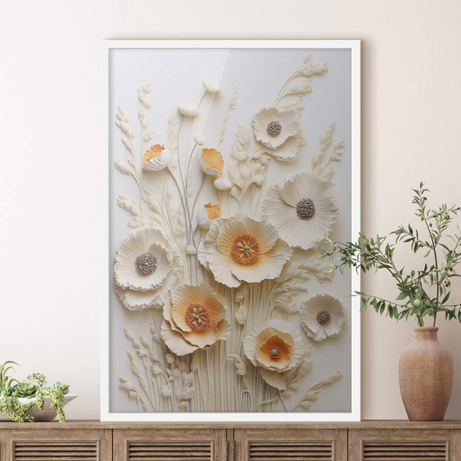 Fototapety Kytica krémových a oranžových makov so sušenými steblami pšenice f48747