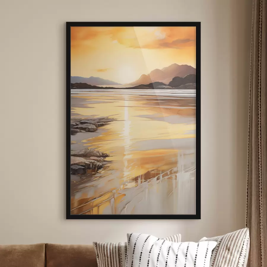 Fototapety Krajina s riekou a horami pod teplou oranžovou oblohou, západ slnka f48756