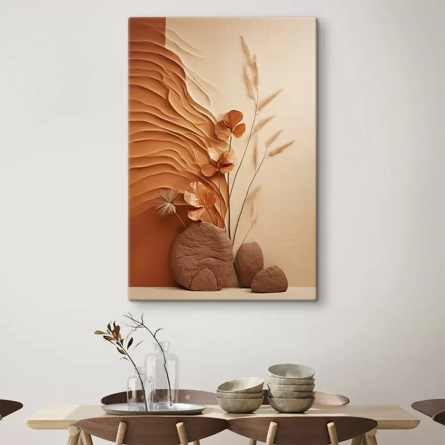Obraz Minimalistické umelecké dielo so sušenými kvetmi a pampovou trávou, s textúrovaným pozadím s48739