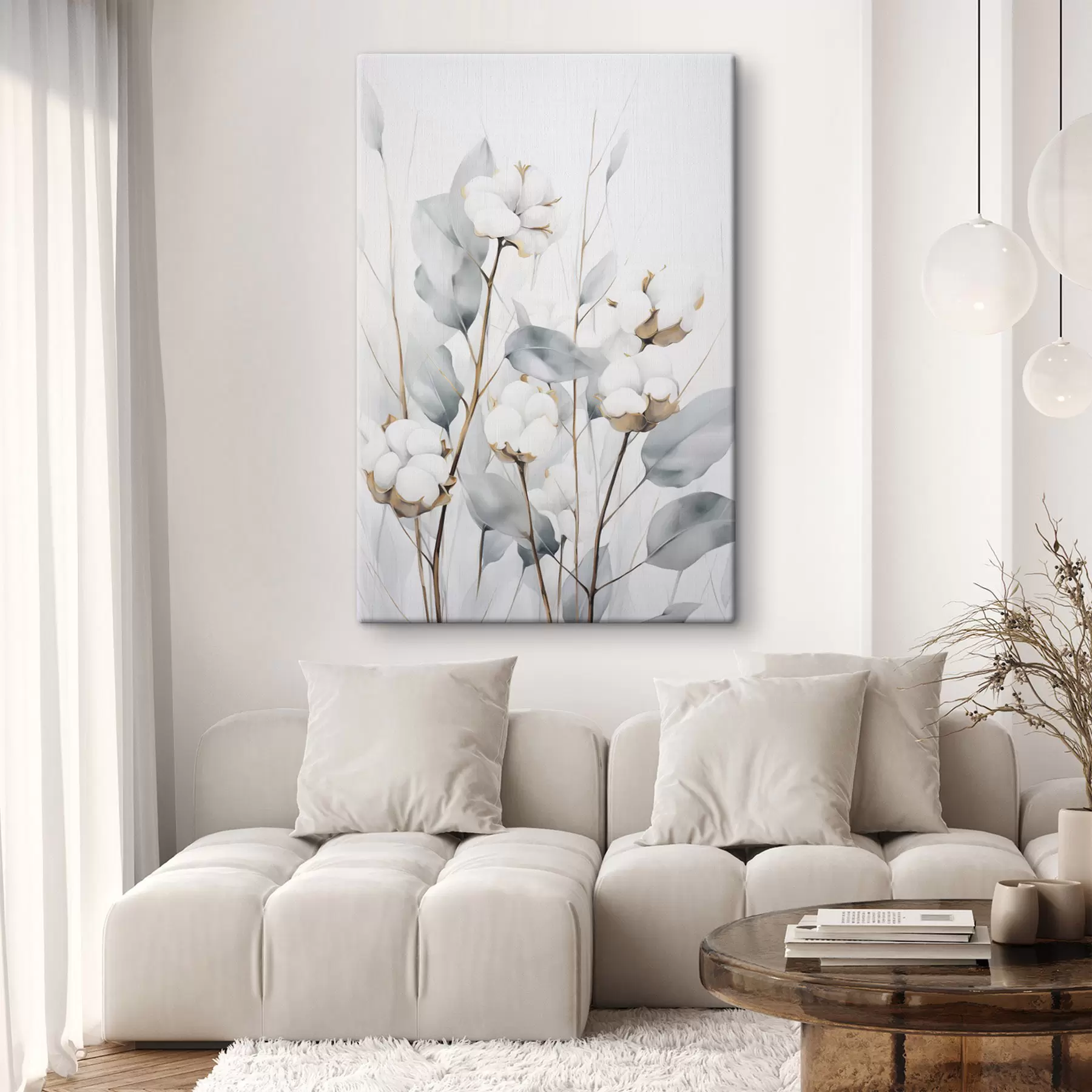 Obraz Biela bavlníková rastlina so svetlo modrozelenými listami na svetlom pozadí s48743