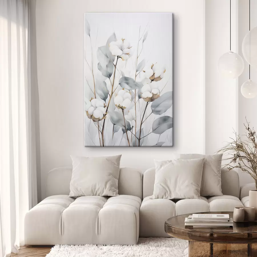 Obraz Biela bavlníková rastlina so svetlo modrozelenými listami na svetlom pozadí s48743