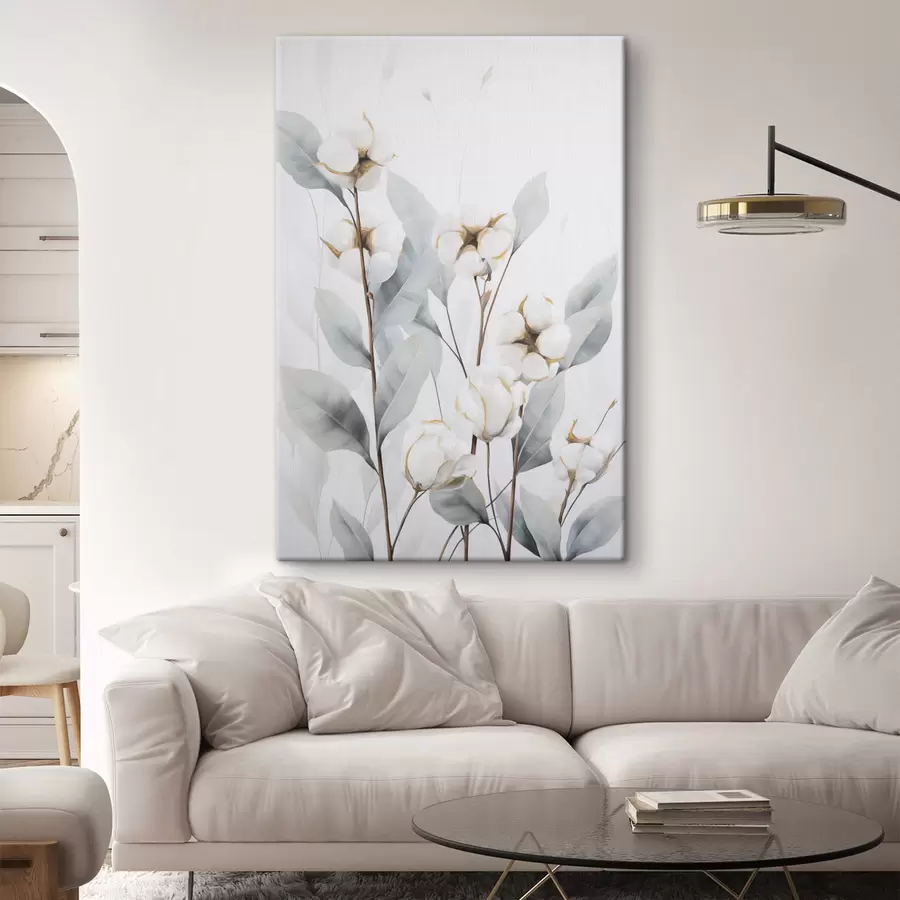 Obraz Biela bavlníková rastlina so svetlo modrozelenými listami na svetlom pozadí s48744