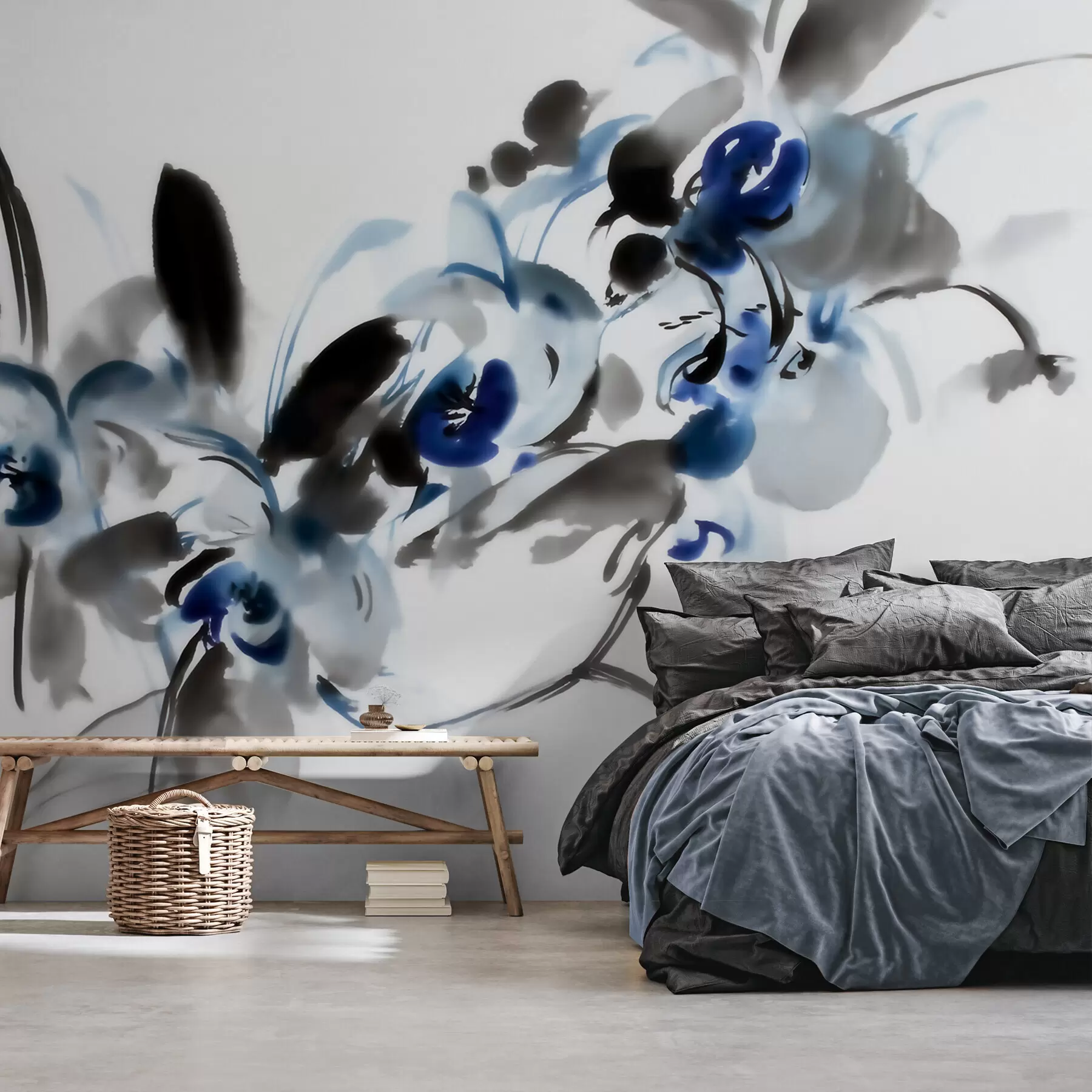Fototapety Elegantné abstraktné kvety v orientálnom akvarelovom štýle s modrými a čiernymi akcentmi, orchidey w09797