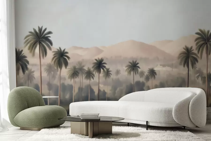Fototapety Tropická krajina s palmami a horami, retro panoráma v béžových a zelených odtieňoch w09798