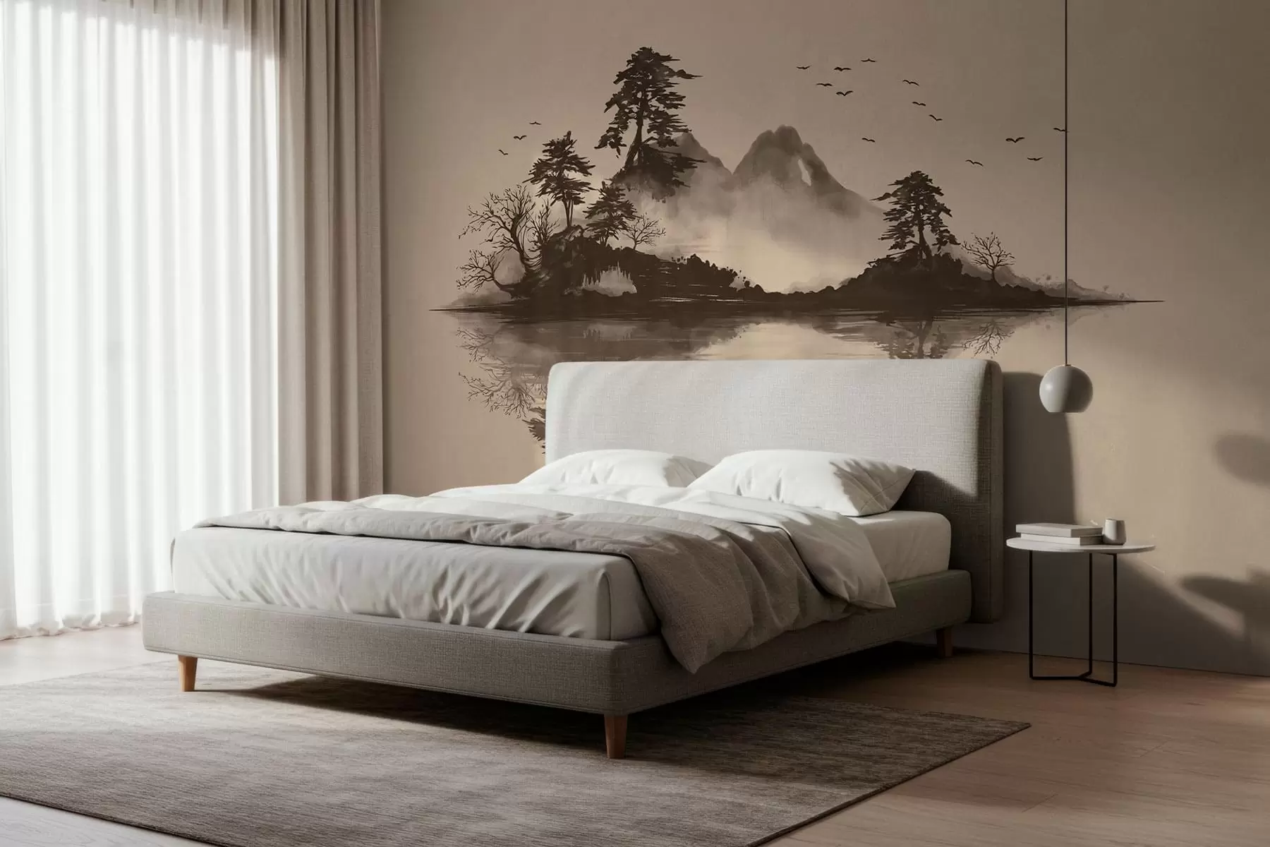 Fototapety Horská krajina v štýle sumi-e s borovicami a odrazom w05124