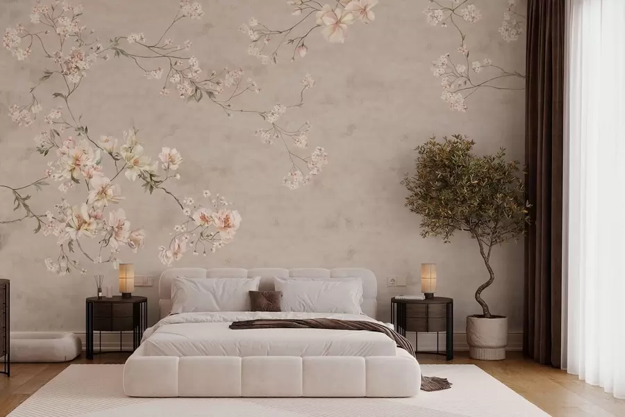 Fototapety Krehké kvetinové vetvičky v štýle chinoiserie na svetlom pozadí w05427