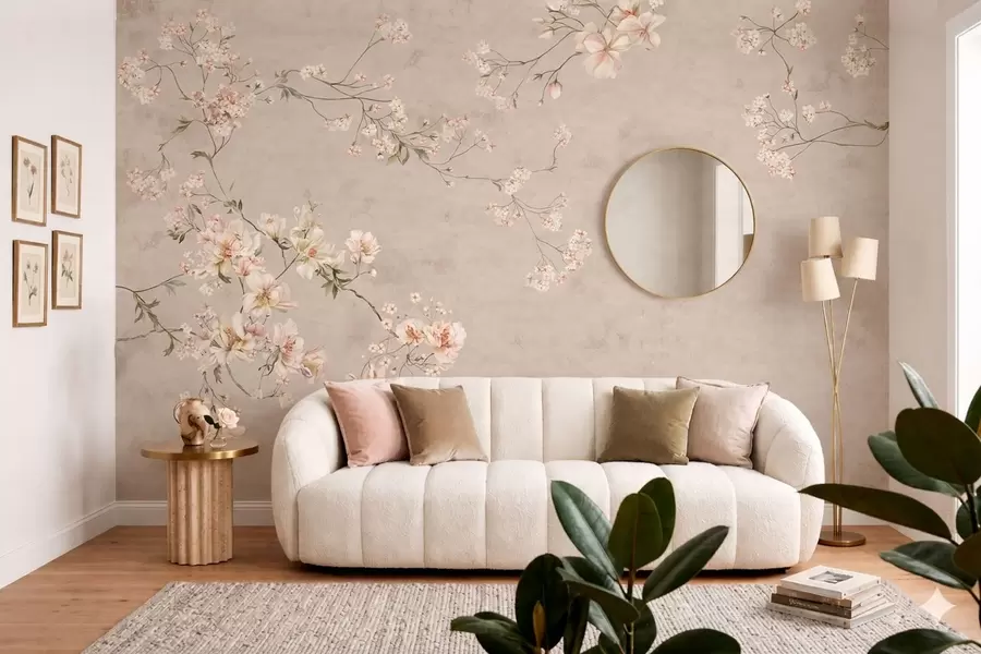 Fototapety Krehké kvetinové vetvičky v štýle chinoiserie na svetlom pozadí w05427