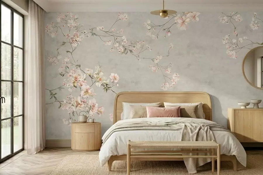 Fototapety Kvetinové vetvičky v štýle chinoiserie na sivom pozadí w05427v1