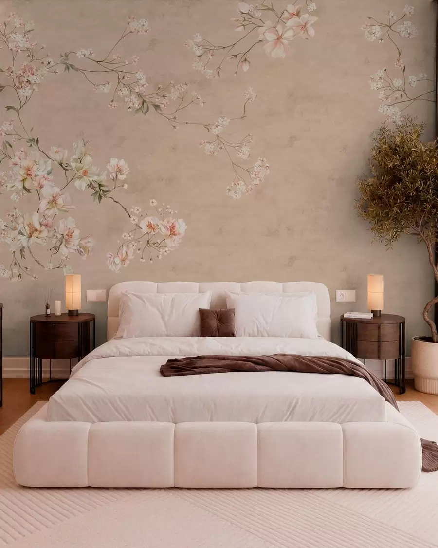 Fototapety Kvetinové motívy v štýle chinoiserie na teplom béžovom pozadí w05427v2