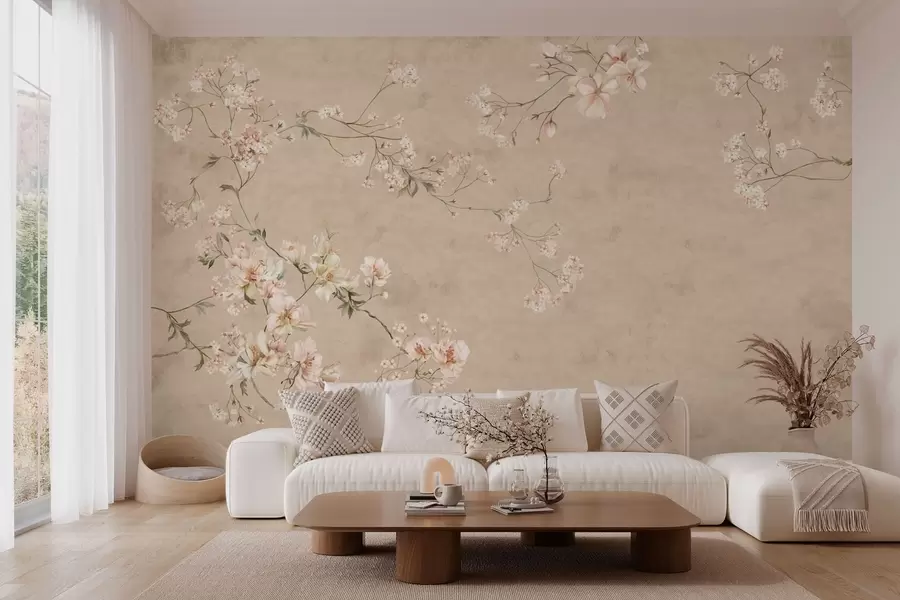 Fototapety Kvetinové motívy v štýle chinoiserie na teplom béžovom pozadí w05427v2