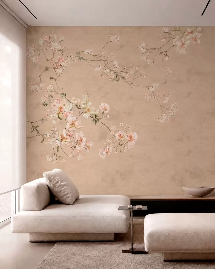Fototapety Kvetinové motívy v štýle chinoiserie na teplom béžovom pozadí w05427v2