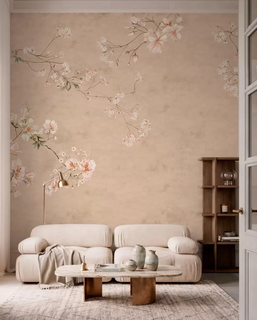 Fototapety Kvetinové motívy v štýle chinoiserie na teplom béžovom pozadí w05427v2