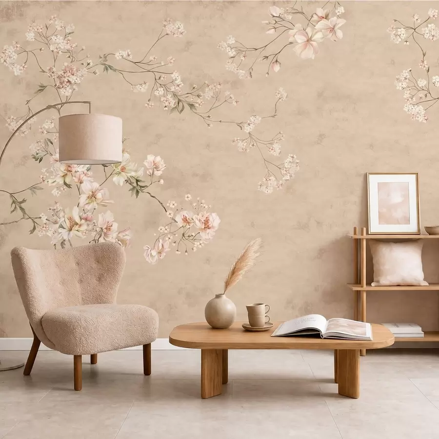 Fototapety Kvetinové motívy v štýle chinoiserie na teplom béžovom pozadí w05427v2