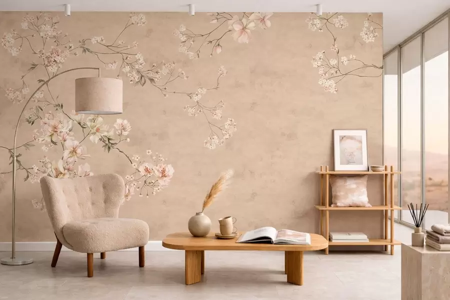 Fototapety Kvetinové motívy v štýle chinoiserie na teplom béžovom pozadí w05427v2