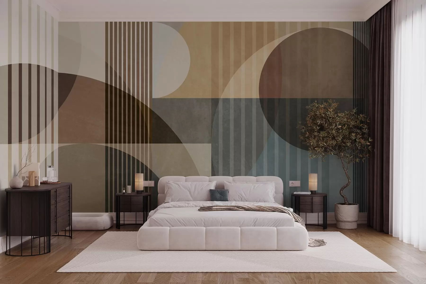 Fototapety Abstraktné geometrické tvary s kruhmi a čiarami, tlmené zemité odtiene, textúrovaná, vrstvená kompozícia w09834