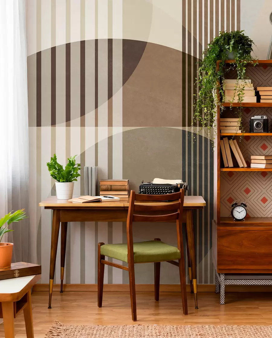 Fototapety Abstraktné geometrické tvary s kruhmi a čiarami, tlmené zemité odtiene, textúrovaná, vrstvená kompozícia w09834