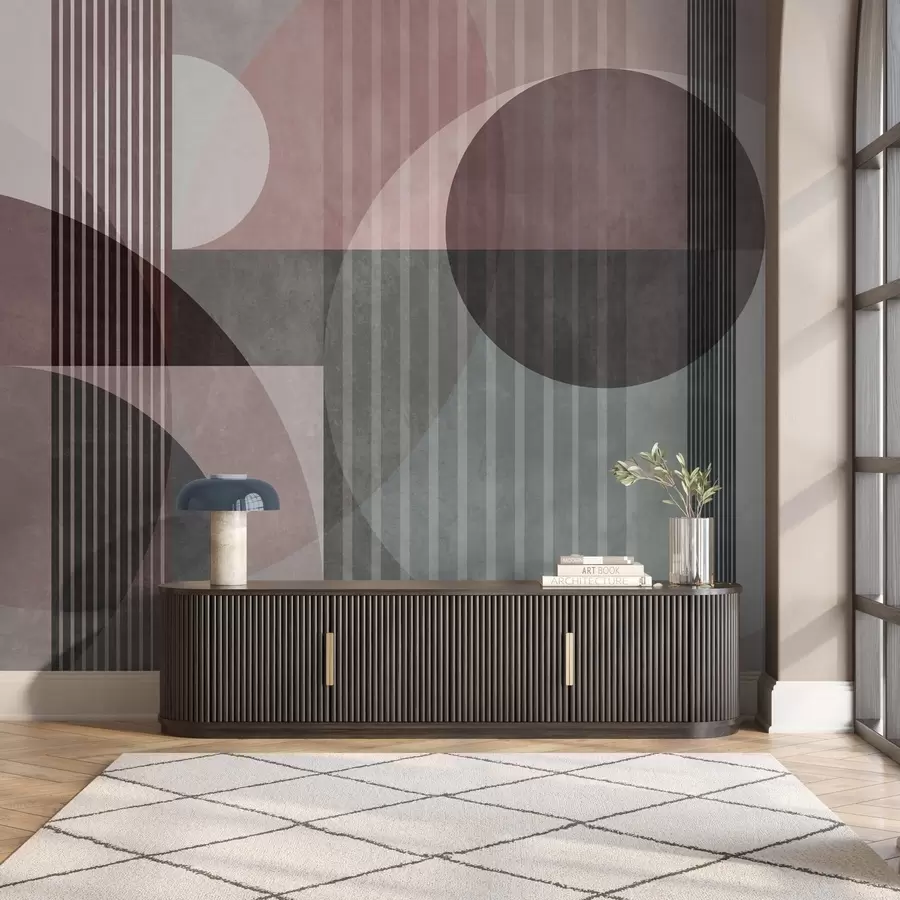 Fototapety Abstraktné geometrické tvary s kruhmi a čiarami, tlmené farby, textúrovaná, vrstvená kompozícia w09834v1