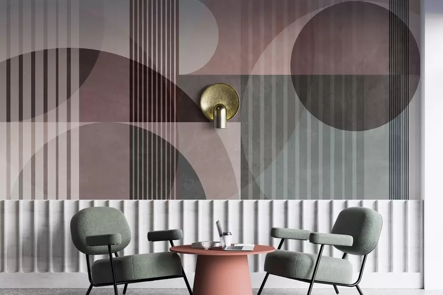 Fototapety Abstraktné geometrické tvary s kruhmi a čiarami, tlmené farby, textúrovaná, vrstvená kompozícia w09834v1