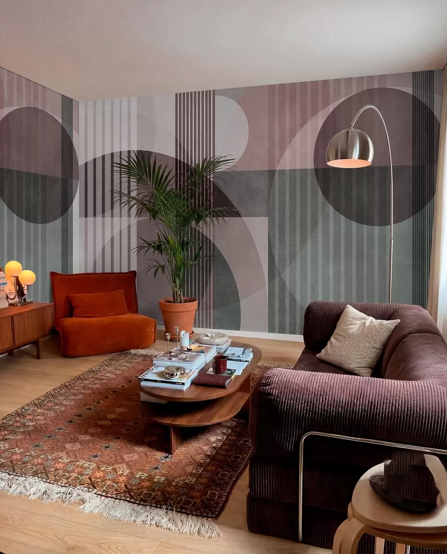 Fototapety Abstraktné geometrické tvary s kruhmi a čiarami, tlmené farby, textúrovaná, vrstvená kompozícia w09834v1